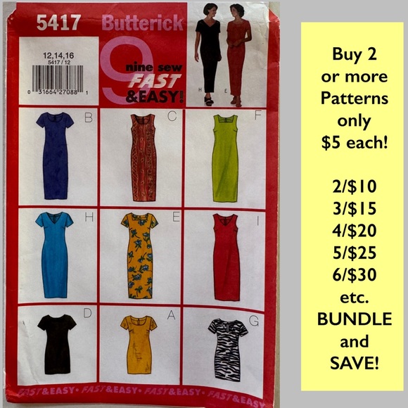 Butterick 5417 Dress Sewing Pattern Uncut (12-14-16) - Picture 1 of 9